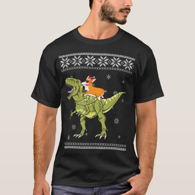 Dog Gift | Corgi Riding T Rex Dinosaur Christmas T-Shirt (Front)