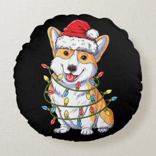 Dog Gift Corgi Santa Christmas Tree Lights Xmas Round Cushion