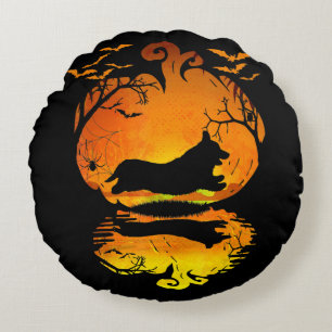 Dog Gift Corgi Silhouette Pumpkin Halloween Round Cushion