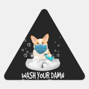 Dog Gift Handwashing Corgi Dog Wearing Face Mask Triangle Sticker