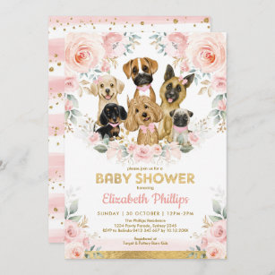 Dog Girl Baby Shower Blush Pink Floral Puppies Invitation