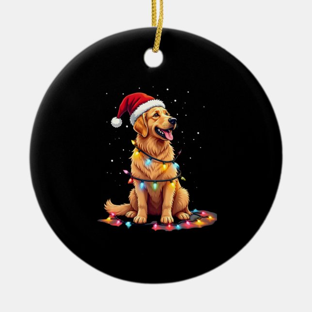 Dog Golden Retriever Santa Christmas Xmas Lights ( Ceramic Ornament (Front)