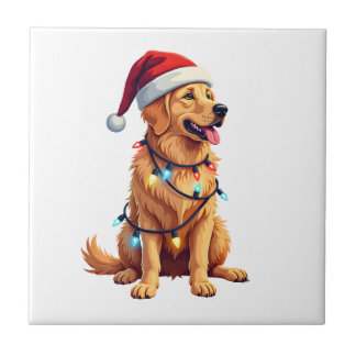 Dog Golden Retriever Santa Christmas Xmas Lights ( Ceramic Tile