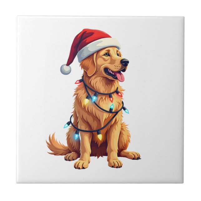 Dog Golden Retriever Santa Christmas Xmas Lights ( Ceramic Tile (Front)