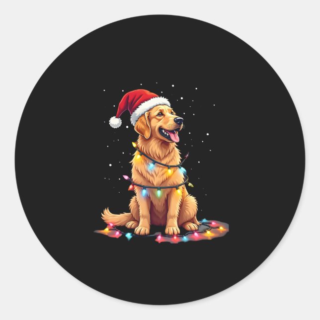 Dog Golden Retriever Santa Christmas Xmas Lights ( Classic Round Sticker (Front)