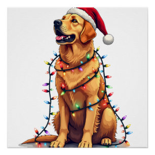 Dog Golden Retriever Santa Christmas Xmas Lights ( Poster