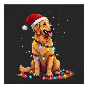 Dog Golden Retriever Santa Christmas Xmas Lights ( Poster