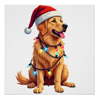 Dog Golden Retriever Santa Christmas Xmas Lights ( Poster