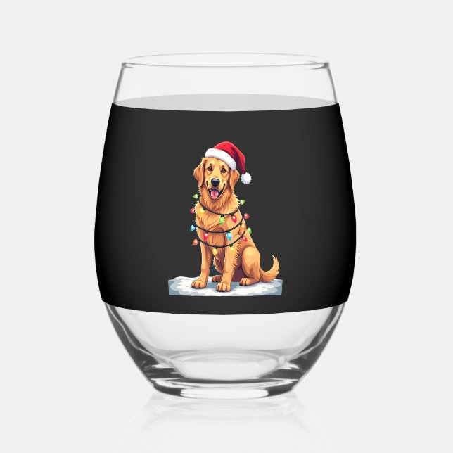 Dog Golden Retriever Santa Christmas Xmas Lights ( Stemless Wine Glass (Front)