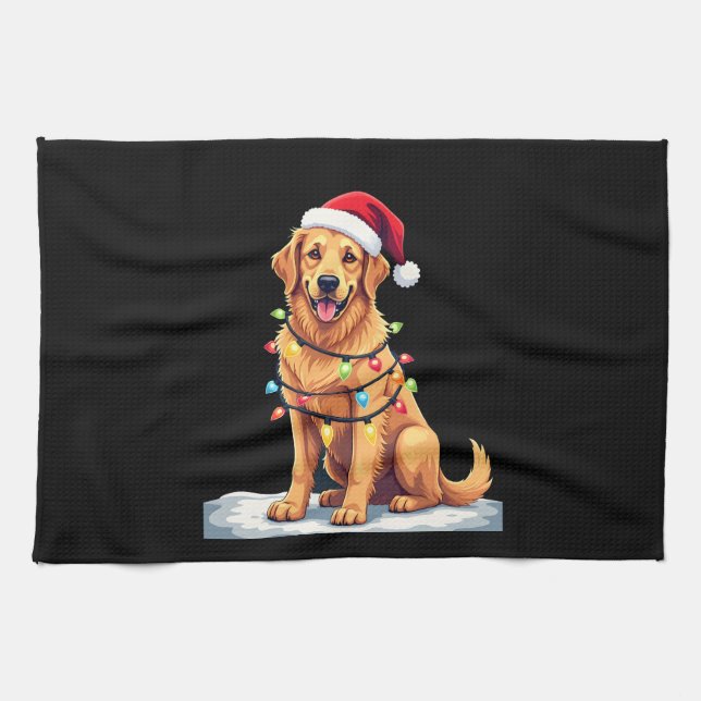 Dog Golden Retriever Santa Christmas Xmas Lights ( Tea Towel (Horizontal)