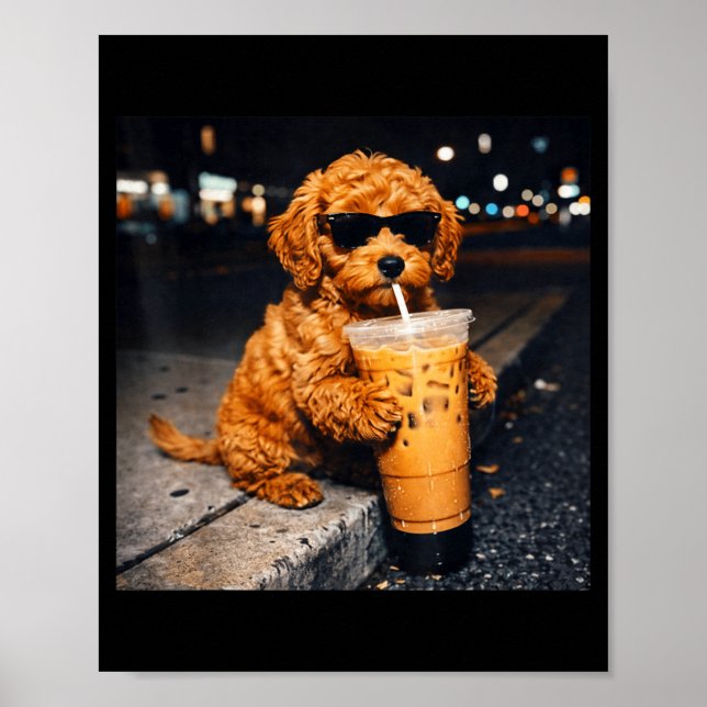 Dog goldendoodle drinking iced coffee funny animal poster (Front)