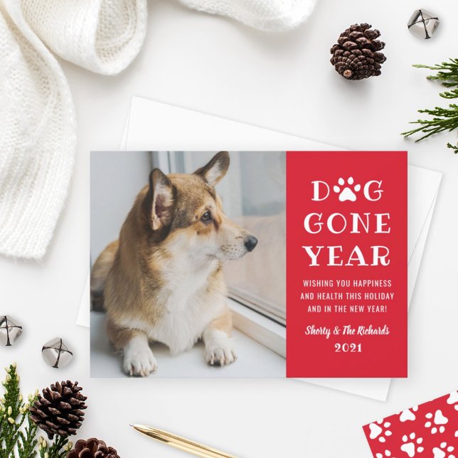 Dog Gone Year Funny Red Pet Photo Holiday Card (Creator Uploaded)