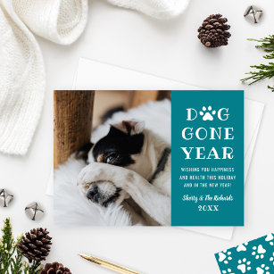 Dog Gone Year Funny Teal Pet Photo Holiday Card