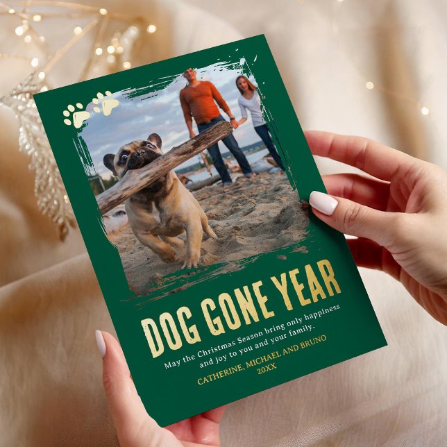 Dog Gone Year Green Photo Christmas Foil Holiday Card (Creator Uploaded)