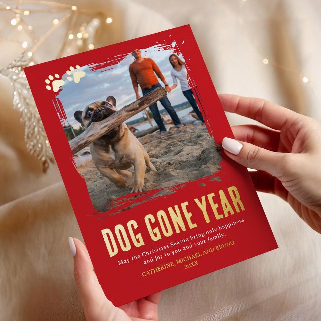 Dog Gone Year Red Photo Christmas Foil Holiday Card (Creator Uploaded)