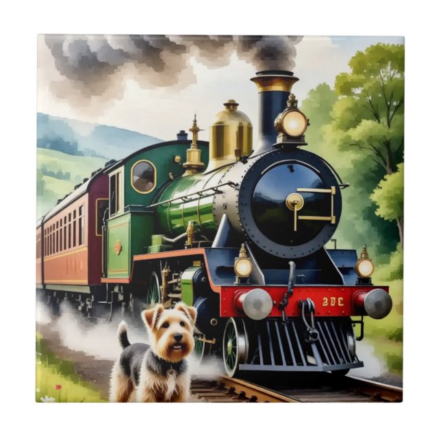 Dog Greeting steam train Ceramic Tile (Front)
