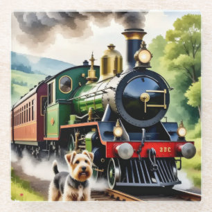 Dog Greeting steam train Glass Coaster