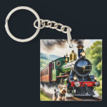 Dog Greeting steam train Key Ring<br><div class="desc">A nostalgic scene of a dog greeting the arrival of a green steam train.</div>