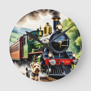 Dog Greeting steam train Round Clock