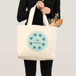Dog Groomer Blue Lace 8/Blue Paw Prints #2 Large Tote Bag