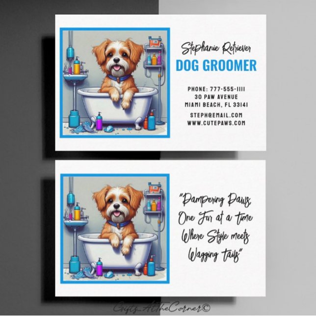 Dog Groomer Cute Puppy Blue Business Card (Creator Uploaded)