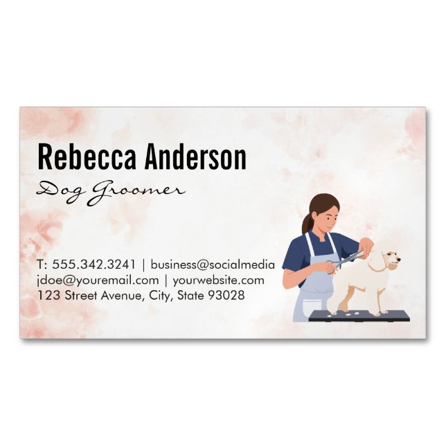 Dog Groomer Cutting Hair Magnetic Business Card (Front)