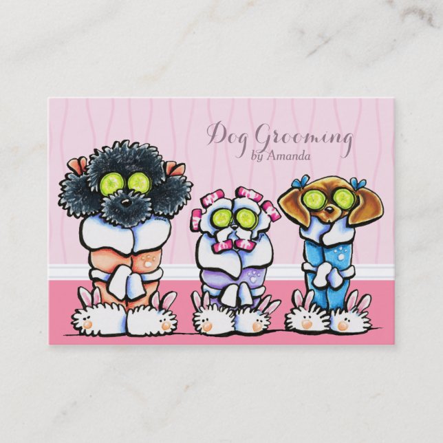 Dog Groomer Grooming Dogs in Robes Pink Business Card (Front)