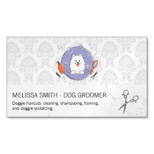 Dog Groomer Logo Damask Pattern Magnetic Business Card