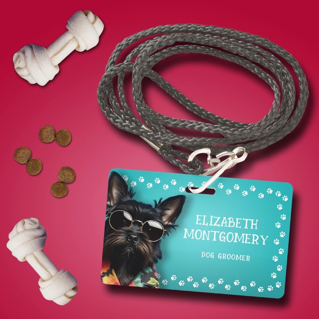 Dog Groomer Paw Print Border  ID Badge (Dog Groomer Paw Print Border Identification Badge)