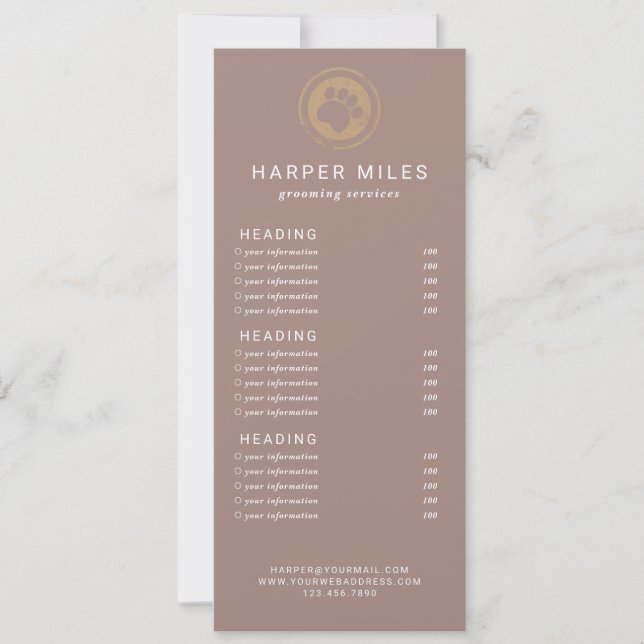 Dog groomer paw stamp price list or services card (Front)