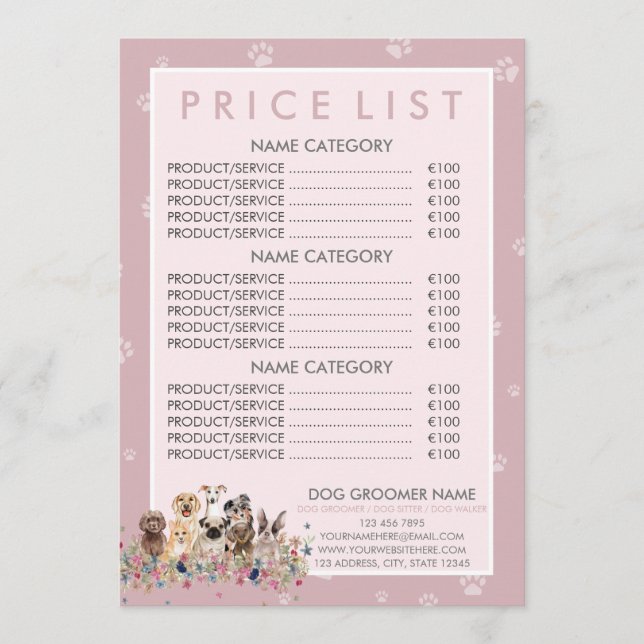 Dog Groomer Pink Price List Menu (Front)