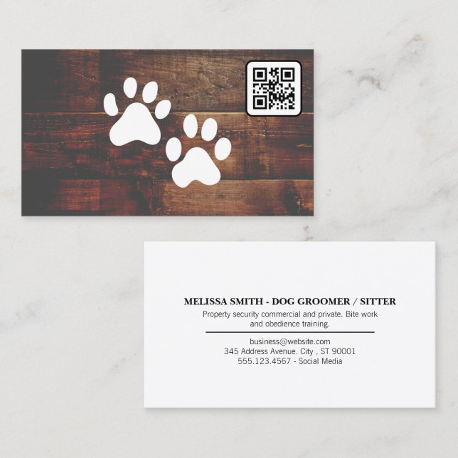 Dog Groomer | QR CODE | Paws | Wood Business Card (Front/Back)