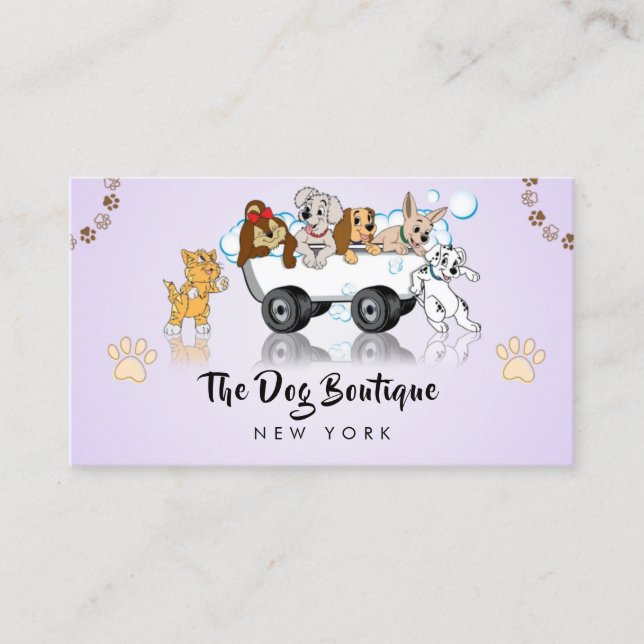 Dog grooming boutique pet sitter cute puppy script business card (Front)