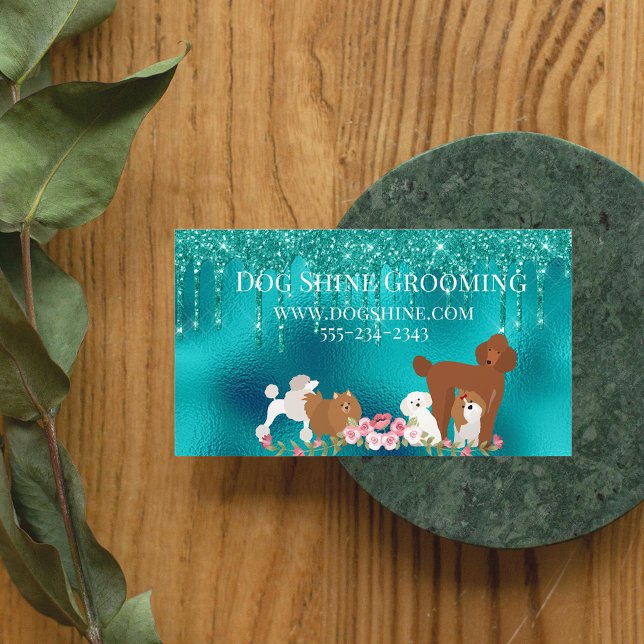 Dog Grooming Pet Sitting Glitter Robin's egg blue Magnetic Business Card (Creator Uploaded)