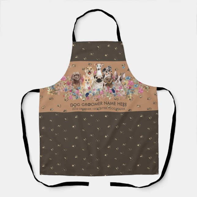 Dog Grooming Spa Salon Brown Gold Paws Apron (Front)