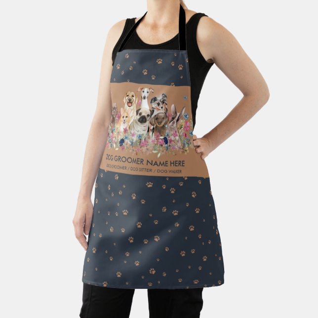 Dog Grooming Spa Salon Navy Brown Paws Vet Apron (Insitu)