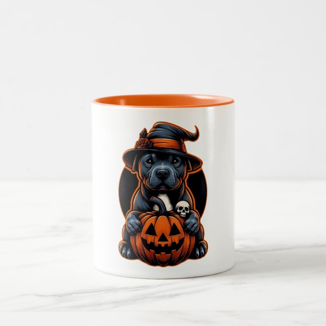 Dog Halloween - Pitbull Witch Two-Tone Coffee Mug (Center)