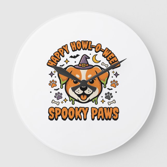 Dog Halloween Spooky Paws Large Clock (Front)