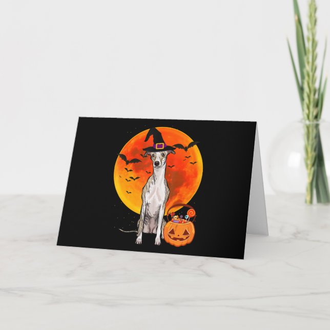 Dog Halloween Whippet Jack O Lantern Pumpkin T-Shi Holiday Card (Front)