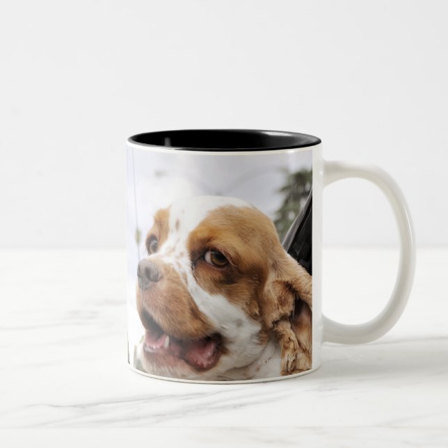 Dog hanging head out of car window Two-Tone coffee mug (Right)