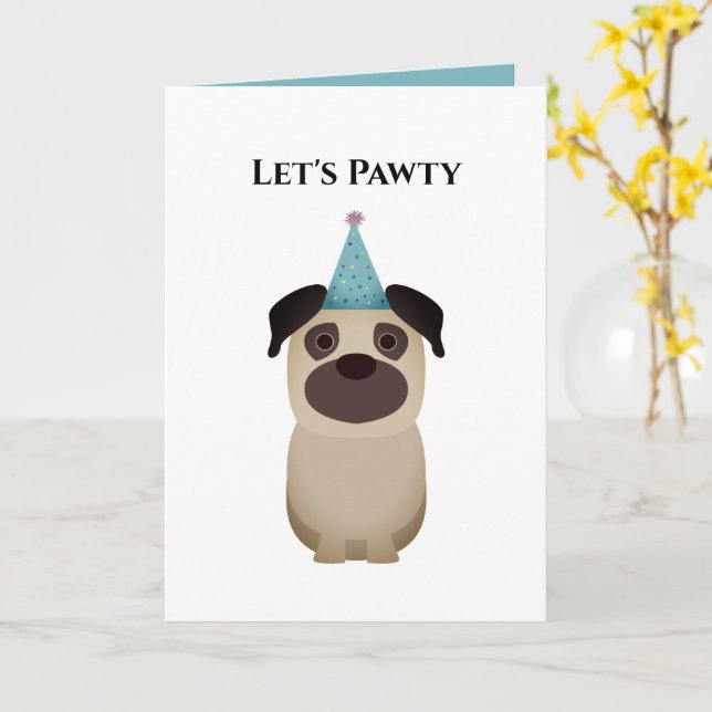 Dog Happy Birthday Card, Let's Pawty Pug Card (Yellow Flower)
