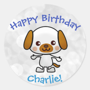 Dog Happy Birthday Child or Pet Name Classic Round Sticker