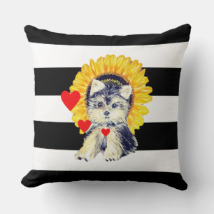 Dog, hearts & sunflower on Black & White Striped Cushion