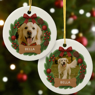 Dog Holiday Christmas Photo Custom Name Wreath Ceramic Ornament