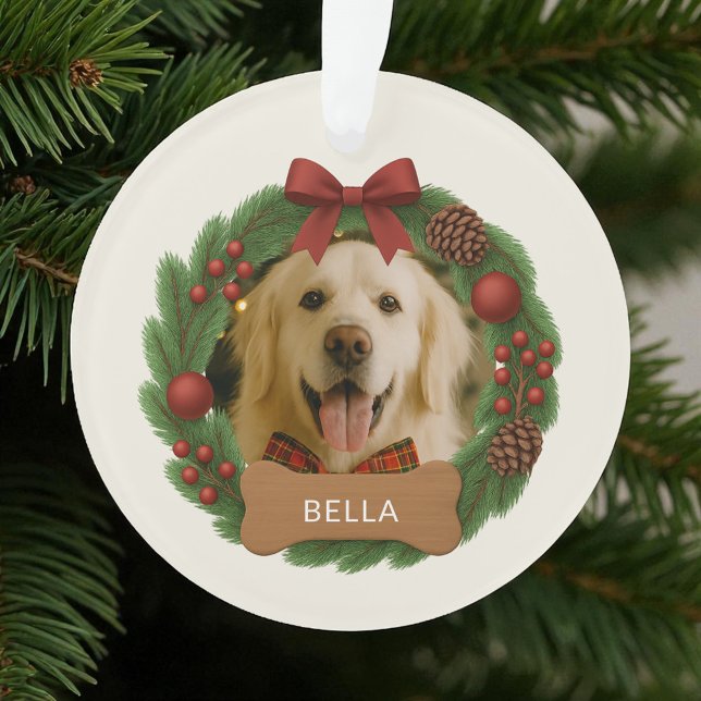 Dog Holiday Christmas Photo Red Bow Name Wreath Ornament (Creator Uploaded)