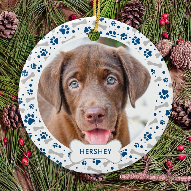 Dog Holiday Paw Prints Blue Personalised Pet Photo Ceramic Ornament (Creator Uploaded)