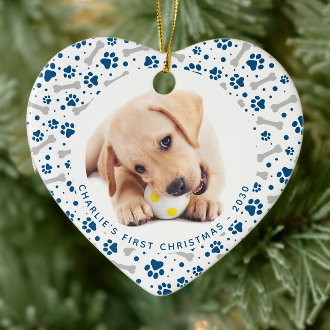 Dog Holiday Paw Prints Bone Personalised Pet Photo Ceramic Ornament (Creator Uploaded)