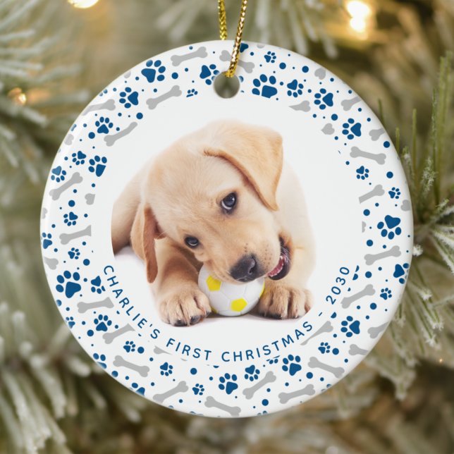 Dog Holiday Paw Prints Personalised 2 Pet Photo Ceramic Ornament (Creator Uploaded)