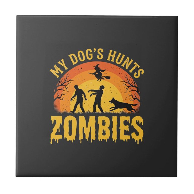 Dog Hunts Zombies Halloween Design Ceramic Tile (Front)
