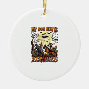 Dog Hunts Zombies Halloween German Shepherd Moon_1 Ceramic Ornament